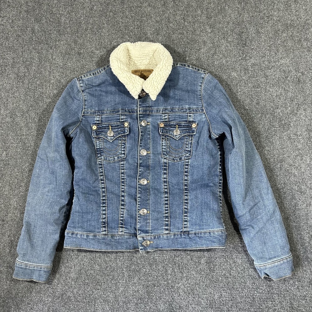 True Religion Women’s XL Denim Trucker Jacket Sherpa Lined Jean Coat